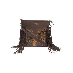 AMERICAN BISON Brown Leather Fringe Crossbody With Snake Embossed Design